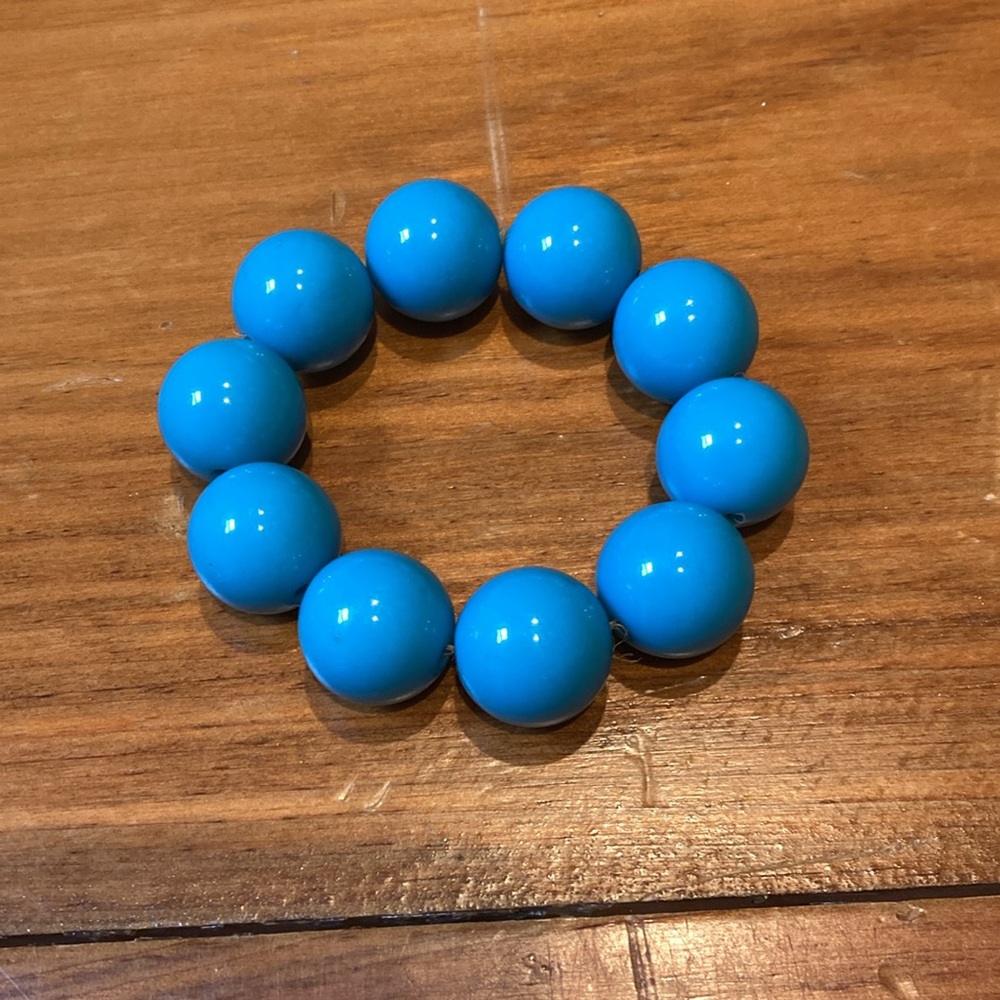 Vintage 70s 60s Big Ball Bead Bakelite Bracelet Blue Elastic Retro
